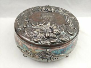Antique Art Nouveau Repousse Ornate Vanity Dresser Jar Powder Box Silver Plate