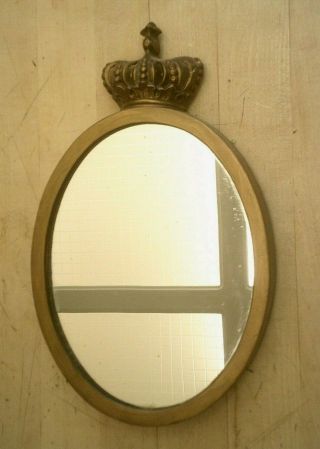 Vintage Mid Century Wall Oval Mirror W/ Brass Frame & Crown On Top 7 " By 5 1/2 "