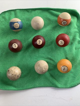 9 Antique Pool - Billiard - Snooker Balls - Weigh 6oz,  - Diameter 2 1/4 ",  -