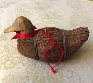 Antique Straw Wood Hand Made Folk Art Duck Christmas Tree Ornament 4” Long
