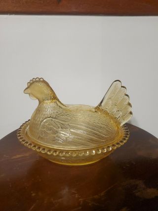 Vintage Rare Yellow Topaz Indiana Glass Hen On Nest Nesting Hen Candy Bowl