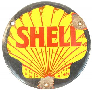Vintage 1920s Era Rare 6 Inch Shell Oil Porcelain Sign Gas And Oil