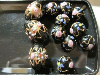12 Antique Vintage Murano Glass Wedding Cake Beads Black Handmade Hand Made