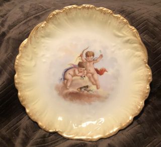 Antique M Redon Limoges Porcelain Plate Gold Gild Hand Painted Cupids Playing 9’