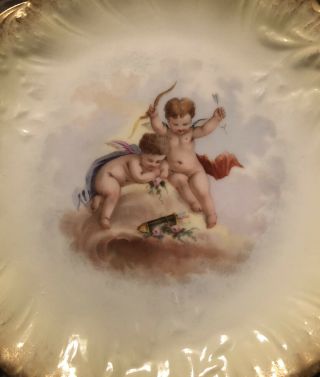 Antique M Redon Limoges Porcelain Plate Gold Gild Hand Painted Cupids Playing 9’ 3