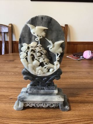 Vintage Chinese Hand Carved With Birds And Flowers Alabaster? Decorative Piece