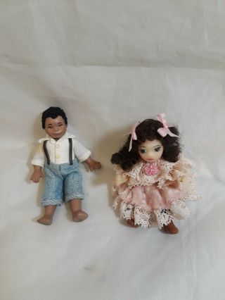 Vintage Dollhouse/miniature 3 " Tall Set Of 2 Dolls