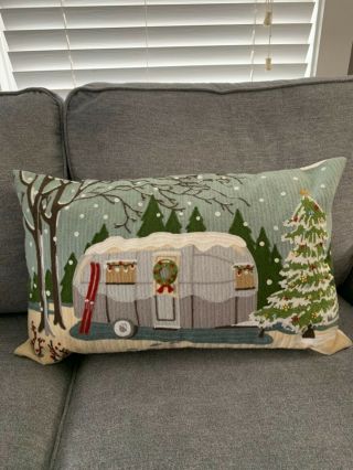 Pottery Barn Crewel Embroidery Air Stream Christmas Pillow Rare