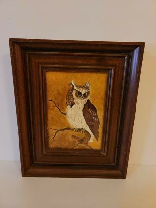 Vintage Stalking Owl Small Oil Painting Signed Wooden Portrait Framed