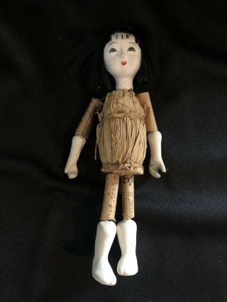 Rare Vintage Bisque Made In Japan Doll Wired Arms/legs Straw Body