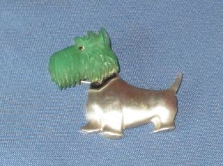 Early Vintage Silver - Tone Metal Green Lucite Black Enamel Scottie Dog Pin Brooch