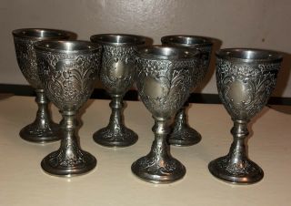 Vintage Set Of 6 Silver Plate Cordial Goblets With Floral Design