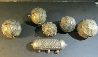 6 Antique Afghanistan Necklace Prayer Silver Balls 5 Round 1 Torpedo Shape