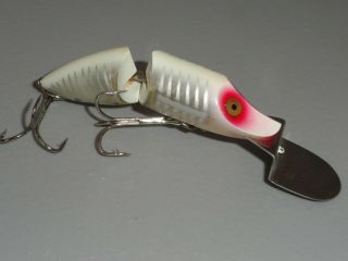 Vintage Fishing Lure Heddon Jointed Go Deeper Runt Series D9430 Red White C1951