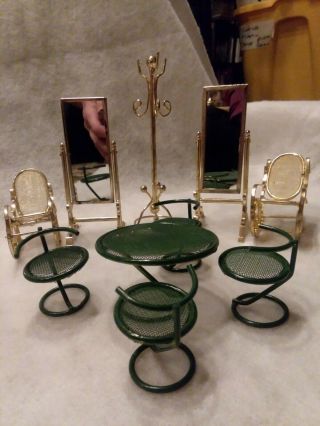 Vintage Dollhouse Brass Floor Mirror,  Rocker,  Coat Rack,  Table Chairs 1:12 Scale