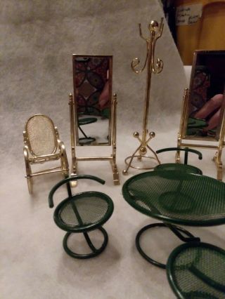 Vintage Dollhouse Brass Floor Mirror,  Rocker,  Coat Rack,  Table Chairs 1:12 scale 2