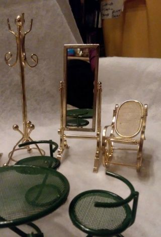 Vintage Dollhouse Brass Floor Mirror,  Rocker,  Coat Rack,  Table Chairs 1:12 scale 3