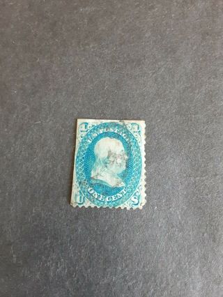 U.  S.  Ben Franklin 1 Cent Blue Stamp Sc 63,  Light Cancel,  Very Rare