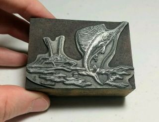 Vintage Letterpress Printing Block Fishing Boat Swordfish Or Marlin Fish