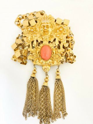Rare vintage signed Pauline Rader necklace Asian Motif HUGE Pendant w/ tassels 3