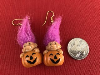 Vintage Halloween Troll Pumpkin Dangle Earrings Jack O Lantern