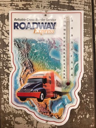 Rare Collectible Roadway Express Embossed Tin Metal Sign W/ Thermometer Vintage