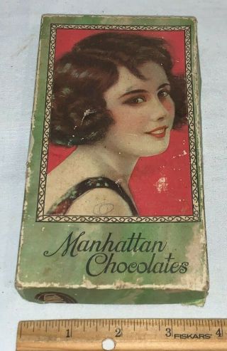 Antique Manhattan Chocolates Candy Box Flapper Girl Early Country Store Grocery