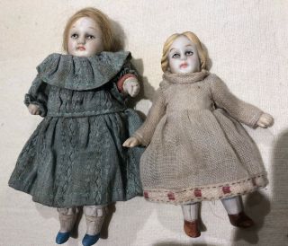 Two Vintage Miniature Bisque/porcelain Girl Dolls Jointed Arms & Legs