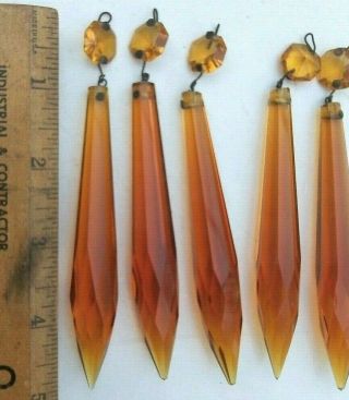 5 Antique Vintage Czech Amber Orange Yellow Glass Prism Crystal Lamp Parts