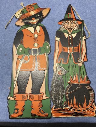 Rare Vintage Halloween Large Die Cut Cardboard Set Cat And Witch Usa Embos