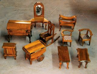 Vintage Wooden Dollhouse Furniture Bed Dresser Vanity Mirror