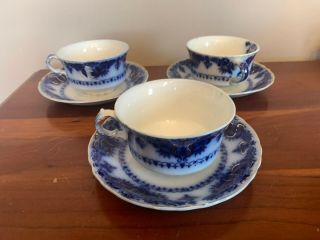 Three Antique Flow Blue Ironstone Cups & Saucers - Albany - Johnson Bros.
