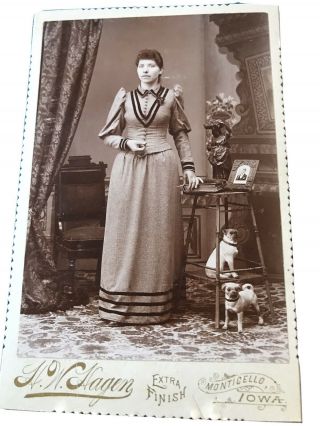 Antique Cabinet Photo Lady 2 Pug Dogs