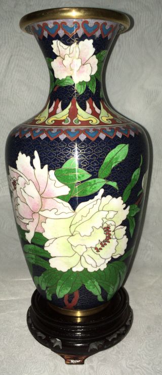 Antique Asian Chinese 9” Cloisonné Enamel Brass Vase Floral Design