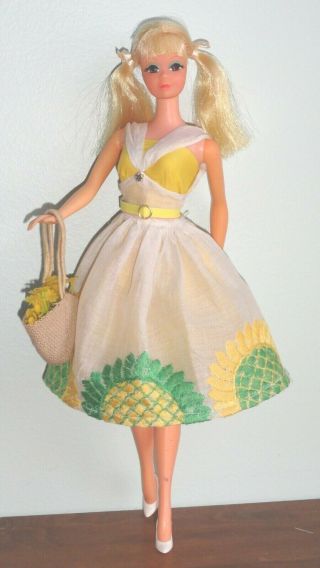 Vintage Barbie Tnt Pj Doll With Dress Sheer Over Dress Belt Heels Flower Basket