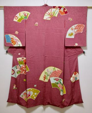Japanese Silk Antique Kimono / Fan & Flower / Dark Purple / Vintage Silk Fabric