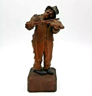 Vintage Hand Carved Wooden Figurine Man Musician With Hat Playing Violin