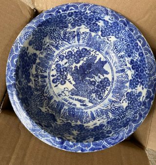 Antique Edo Period 19c? Japanese Imari Arita Blue 10” Porcelain Bowl W/ Figures