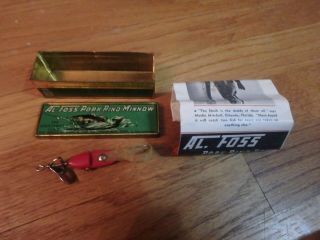Vintage Al Foss 4 Oriental Pork Rind Minnow Lure With Metal Box With Papers