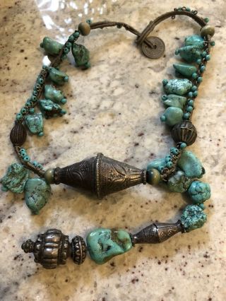 Large Chunky Nugget Turquoise Rare Blue Green Bead Unique Antique Necklace Wow 3