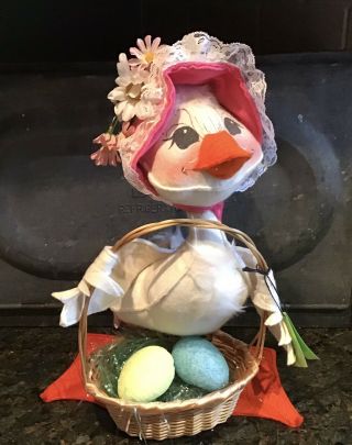 Vintage Annalee Large 16” Easter Goose W/ Bonnet & Straw Basket W/ Eggs,  1982