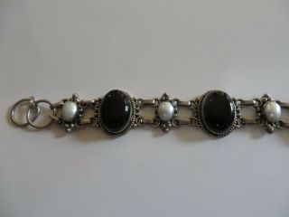Vintage Bracelet,  925 Silver W/ Faux Pearls & Onyx,  Rare Find