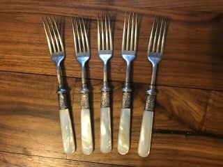 5 Antique Sterling Silver Forks With Mother Of Pearl Handles 7 "