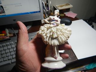 6 1/2 Inch Vintage Porcelain Lace With Flowers Dress Dancer Figurine Dresden