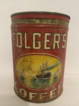 Rare Vintage Folgers Coffee Can 2 Lb Pound 1931 Empty Tin Clipper Ship Flowers