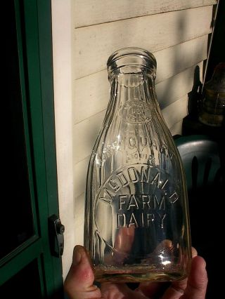 Old Embossed 1 Quart Mcdonald Farm Antique Milk Bottle A,