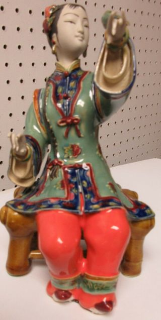 Traditional Chinese Lady With Bird Shiwan Chinese Porcelain Figurine 7 3/4 " Tall