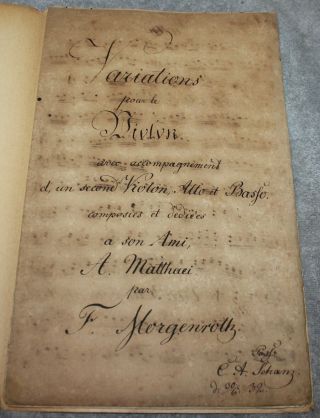 Antique 1832 Rare Hand Written Sheet Music Variations Violin Franz Morgenroth