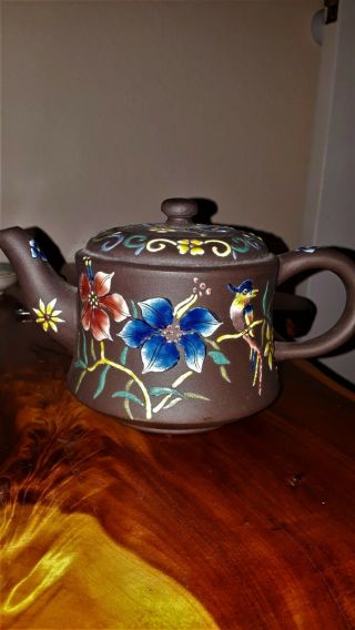 Vintage Japanese Brown Bisque Teapot - Gorgeous Hand Painted Flowers And Birds
