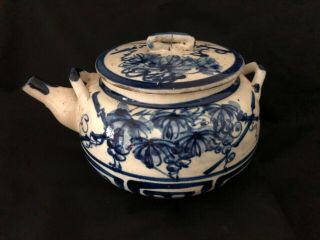 Antique Japanese / Chinese Tea Pot Blue And White Hand Painted Ceramic